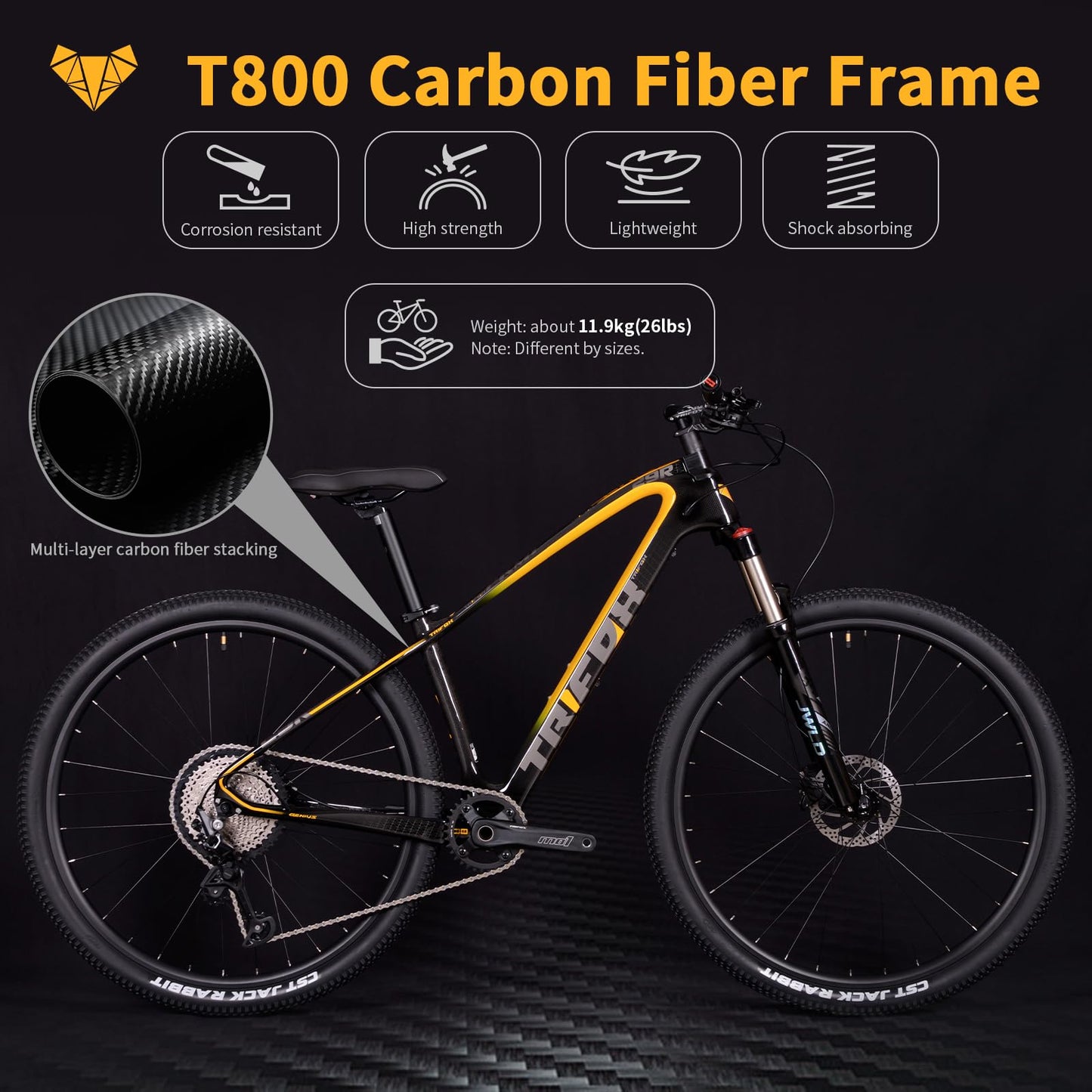 TRIFOX Carbon Fiber Mountain Bike with Shimano M6100 Deore Groupset 12-Speed,Carbon Fiber Frame,Hydraulic Fork 130mm Travel,29er Mountain Bike for Adult 17/19 inch (Obsidian Yellow, 29er * 17 inch)