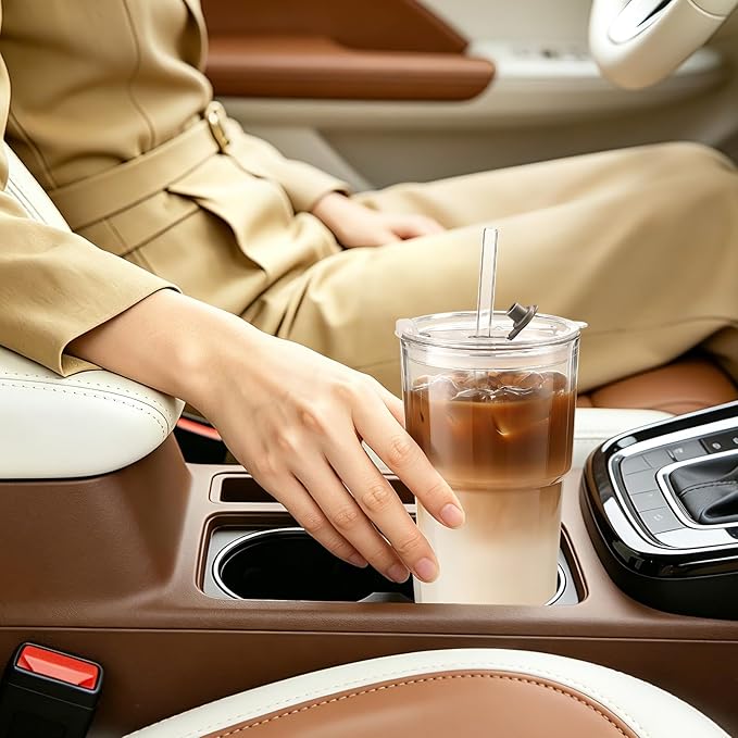 Iced Coffee Cups with Lids: Coffee Bar Accessories - Tumbler Leak Proof for To Go Iced Coffee Cups with Lids 4 Pack - 20 oz Glass Cups with Lids and Straws - Thickened Glass Tumbler with Straw and Lid