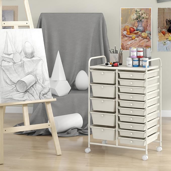 Giantex 15 Drawers Rolling Cart, Classroom Organizers, Storage Cart with Wheels, for Teacher Office Home School Supplies Tool Craft Art Paper