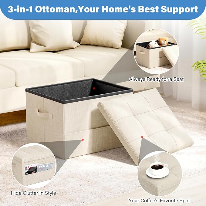 Dayacoco Storage Ottoman Foot Rest Stool, Foldable Foot Rest Stool with Thicker Foam Padded Seat, 43L Small Ottoman with Storage, Holds Up to 350lbs, 17x13x13in, Beige