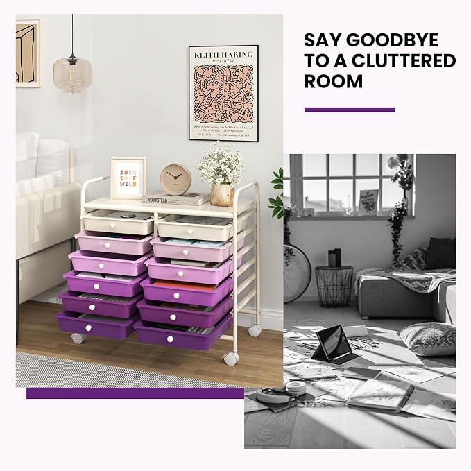 COSTWAY 12-Drawer Rolling Storage Cart, Utility Storage Organizer Cart for Tools, Scrapbook, Paper, Craft, Multipurpose Art Supply Organizer on Wheels for Home Office School, Teacher, Purple Gradient