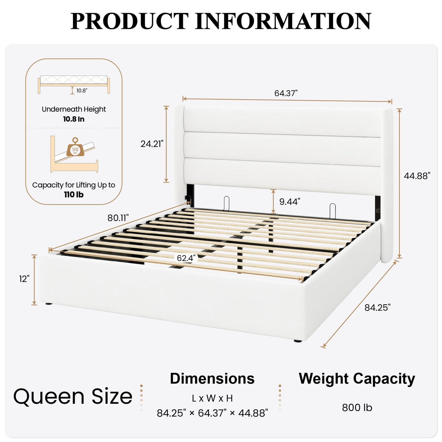 SHA CERLIN Queen Size Lift Up Storage Bed/Velvet Upholstered/Modern Wingback Headboard/Upholstered Platform Bed Frame/Hydraulic Storage/No Box Spring Needed/White