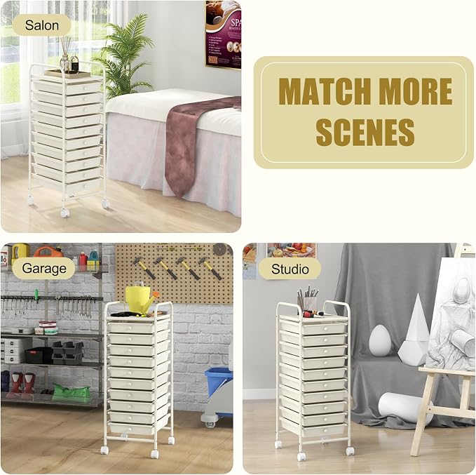 MEDIMALL 10 Drawers Rolling Storage Cart, Multipurpose Craft Storage Cart with Wheels, Mobile Tools Scrapbook Paper Organizer Cart for Office School Home Use