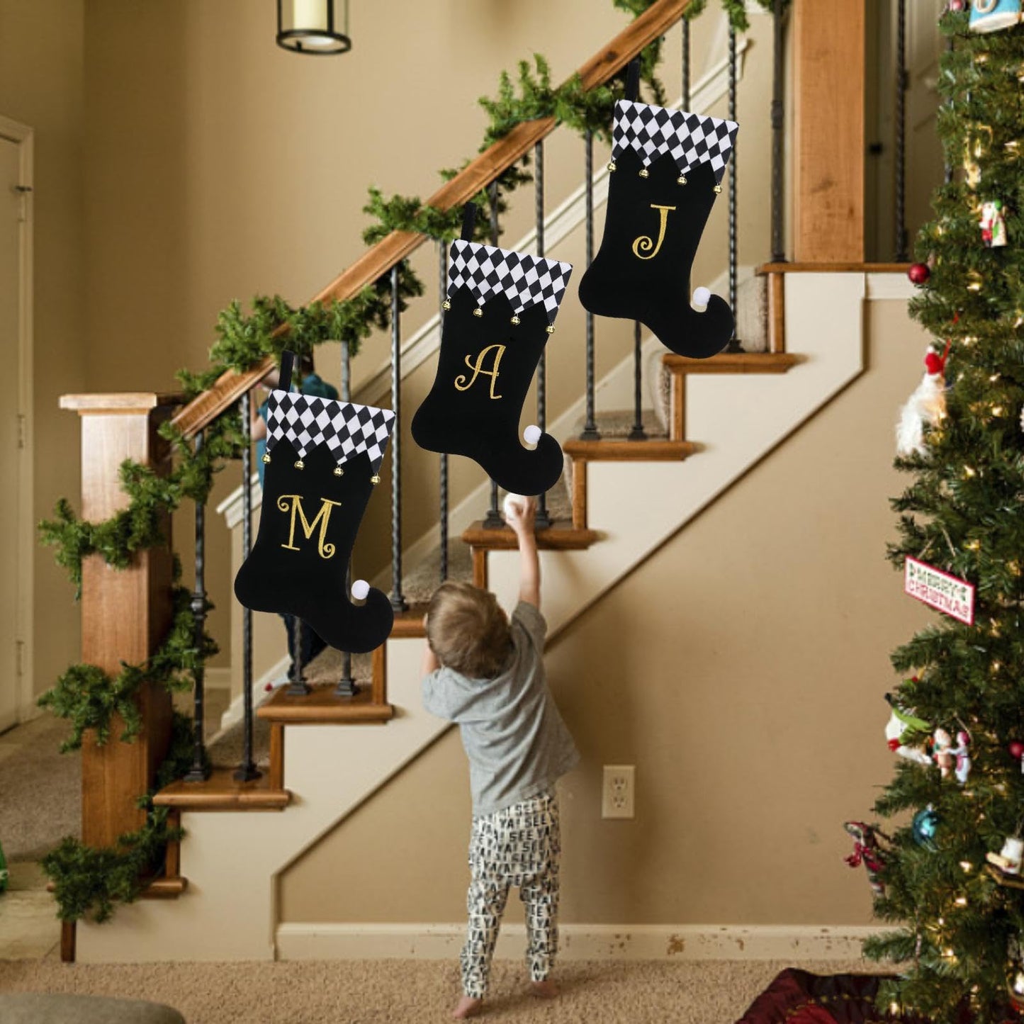 TWSANTAMAS Personalized Elf Christmas Stocking - 19 Inch Black Velvet with Gold Monogram, Checkered Cuff & Bells, Fireplace Decor S