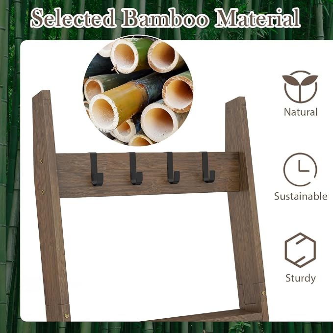 Giantex Bamboo Blanket Ladder, 5-Tier Ladder Shelf w/ 4 Removable Hooks, Decorative Wall Leaning Ladder, Blanket Holder w/Anti-Tip Straps, Farmhouse Towel Display Rack for Living Room, Bedroom