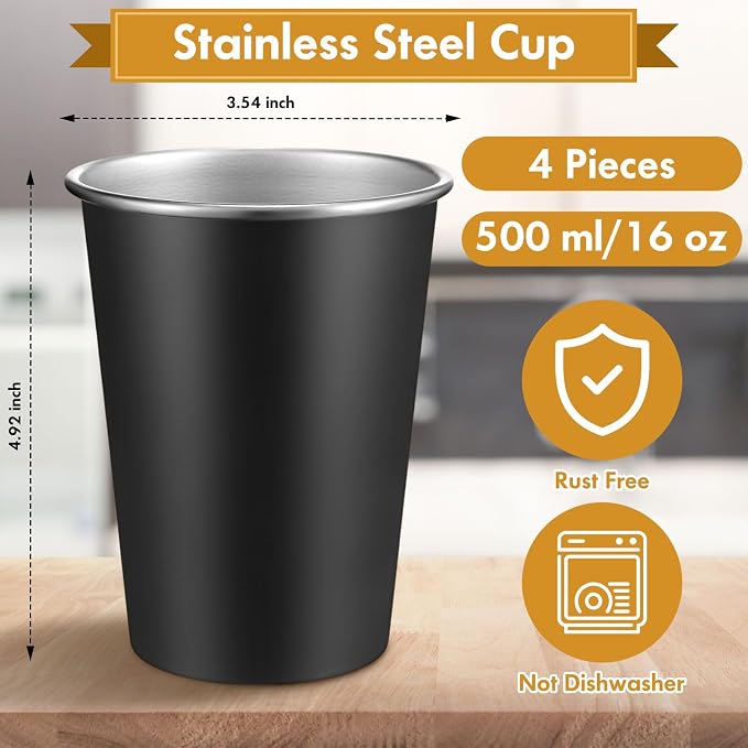 Mimorou 4 Pack 16 oz Stainless Steel Pint Cups Metal Cups Unbreakable Drinking Water Tumblers Stackable Tumbler for Adults Bar Home Restaurant Travel Picnic Camping Outdoor (Black)