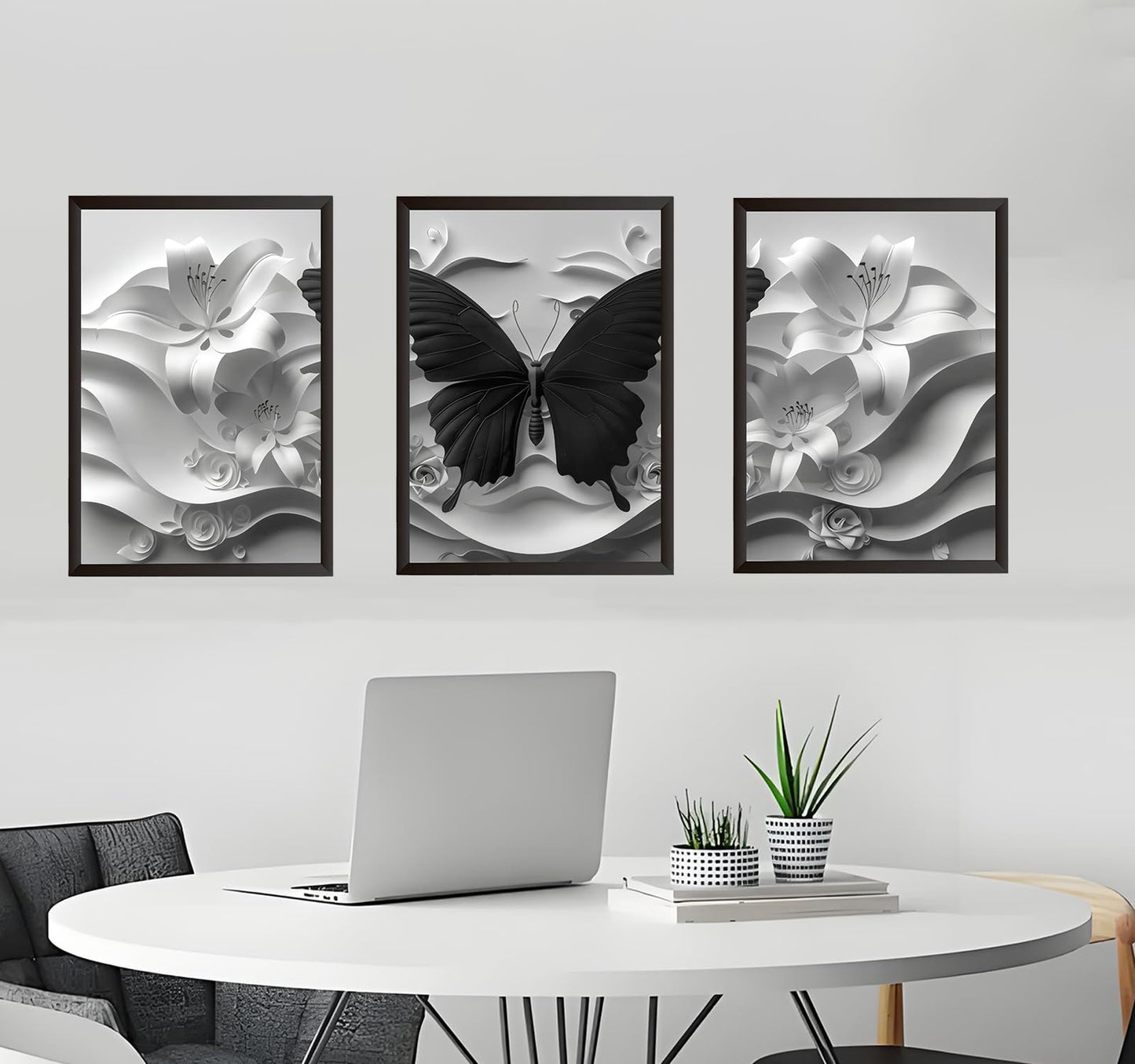 2D Black Butterfly Wall art set of 3 White Flowers Picture Canvas Art Modern Abstract Textured Florals Posters print Artwork for Living Room Bedroom Bathroom Decoration 12 * 18 in (Poster)