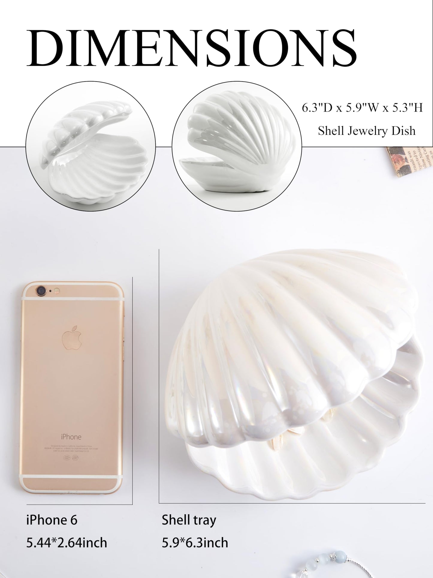 Denique Shell Jewelry Dish Tray, Ceramic Trinket Tray Clamshell Jewelry Storage Dish, Ring Holder Dish Key Bowl, Decorative Jewelry Plate, Cute Jewelry Organizer for Room Decor (White)
