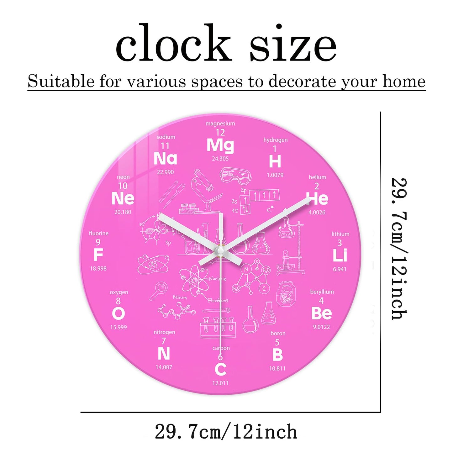 XNM Pink Chemical Clock for Girls Bedroom Wall Clocks Battery Operated Round Glass Analog Science 12 Inch Silent Wall Clock