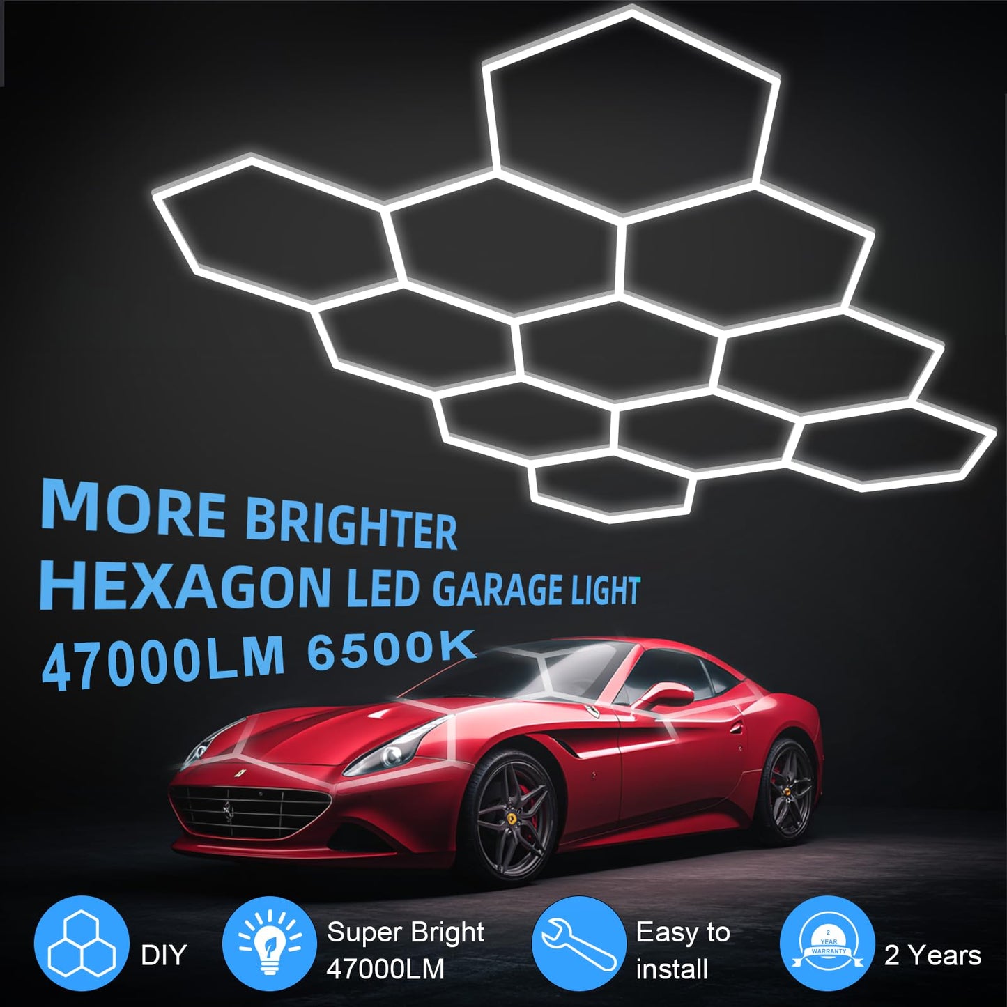 MODERN 11Grids Hexagon Garage Light: 48Pack 384W 47000LM High Brightness Hexagon Garage Lights-Easy Install Honeycomb Ceiling Lights for Warehouse, Gym Basement, Exhibition Hall
