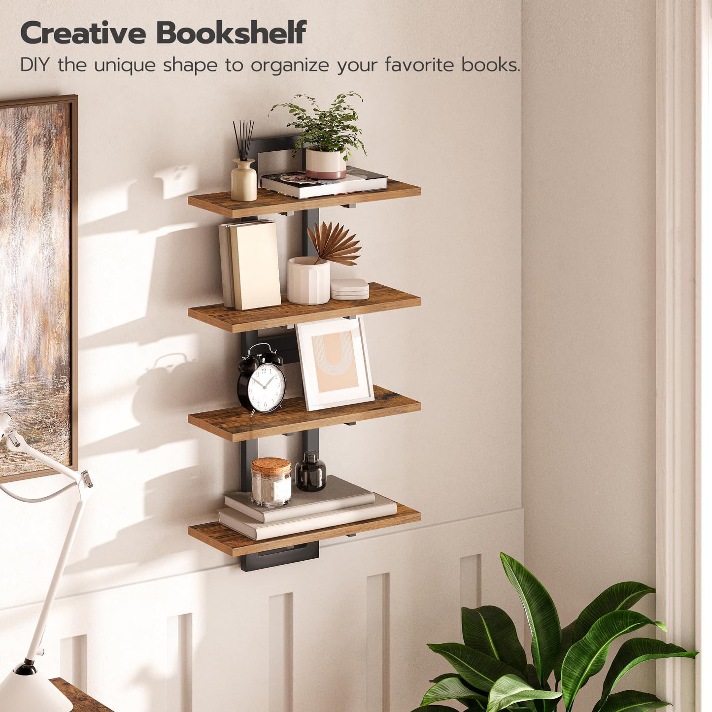 HOOBRO Floating Shelves, 15 Inch Wall Shelf Set of 2, Wall Mounted Storage Shelves 2-Tier, Hanging Bathroom Shelves, for Living Room, Bedroom, Bathroom, Kitchen, Rustic Brown and Black BF32BJ01G1