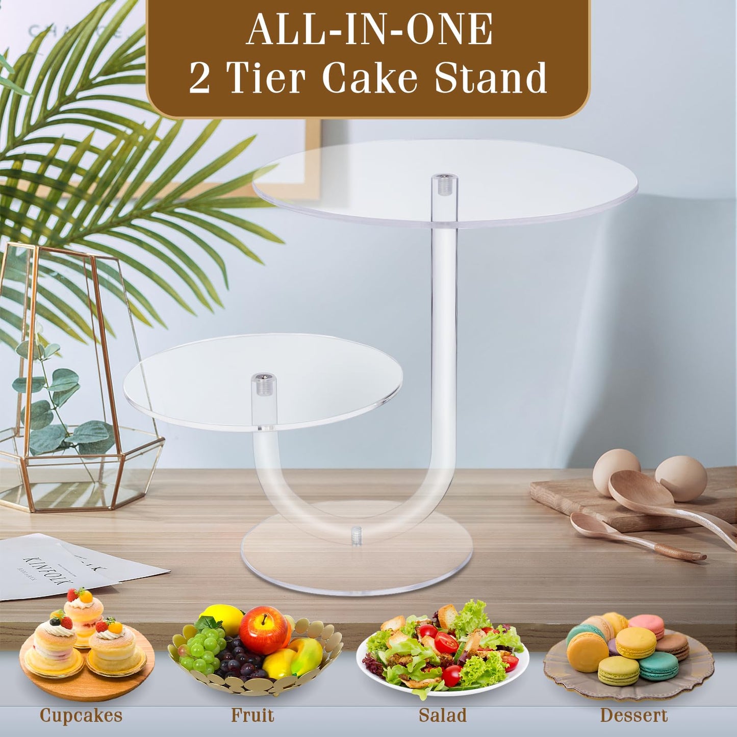 Boxalls Cake Stand 2 Tier - Stylish Clear Cake Tree Acrylic Cupcake Tower for Weddings, Birthdays, Anniversaries, Baby Showers, Parties Décor - 2 Cake Trays with 8 and 6 inch diameters