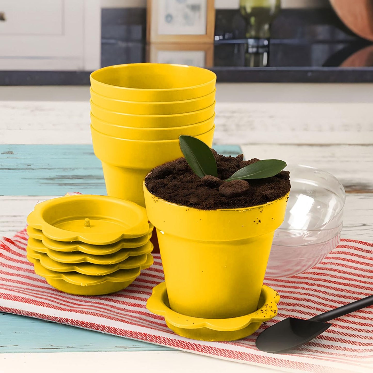 20 Pcs Nursery Pots with Humidity Dome, Flower Pot Dessert Cups with Bring A Plate and Shovel, Planting Cups for Seeds for Indoor Gardening and Plant Propagation(Yellow)