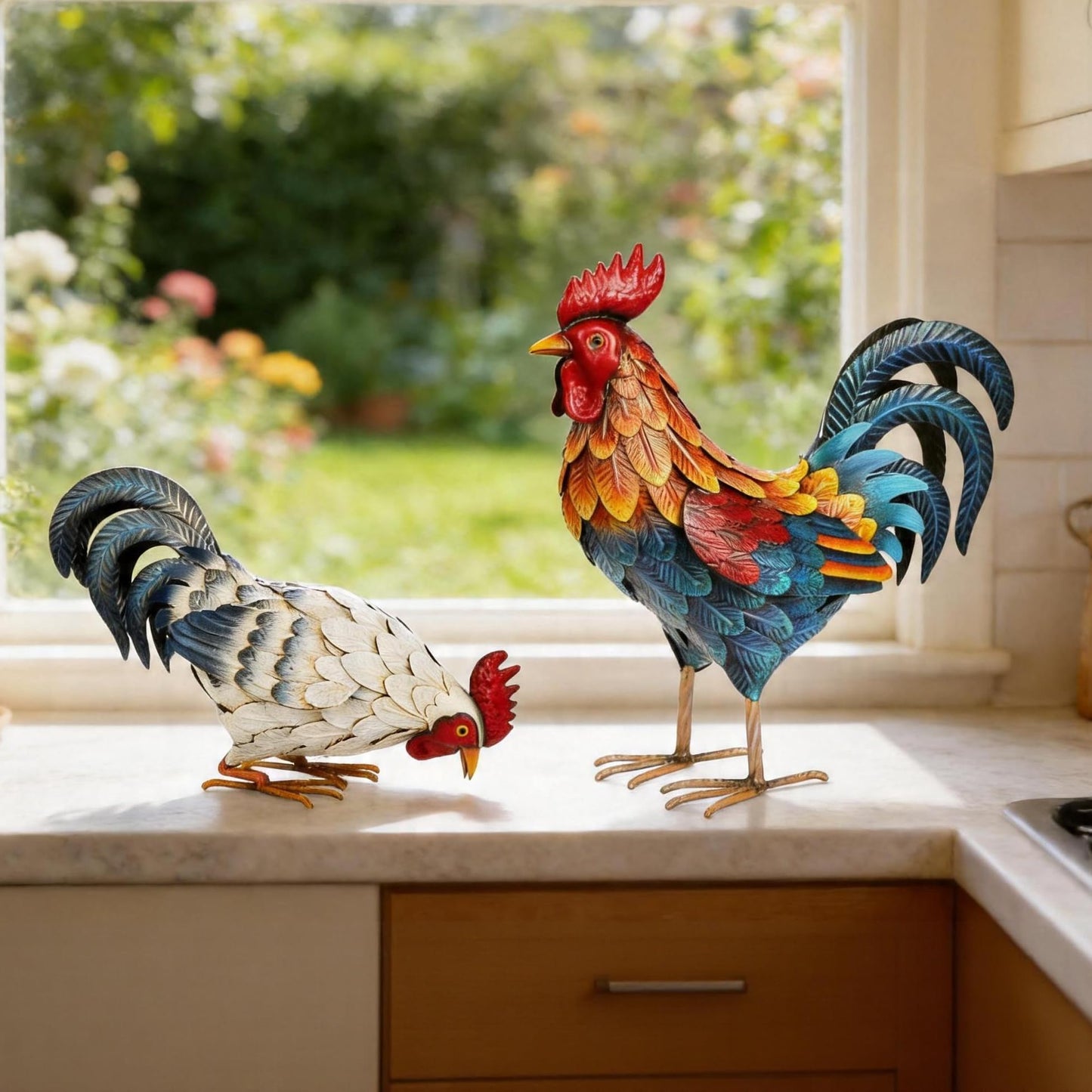 Shorayn Metal Rooster Statues, Outdoor Garden Metal Chicken Decor, Garden Sculptures Chicken Ornaments Yard Art for Backyard Patio Lawn Decorations, Set of 2