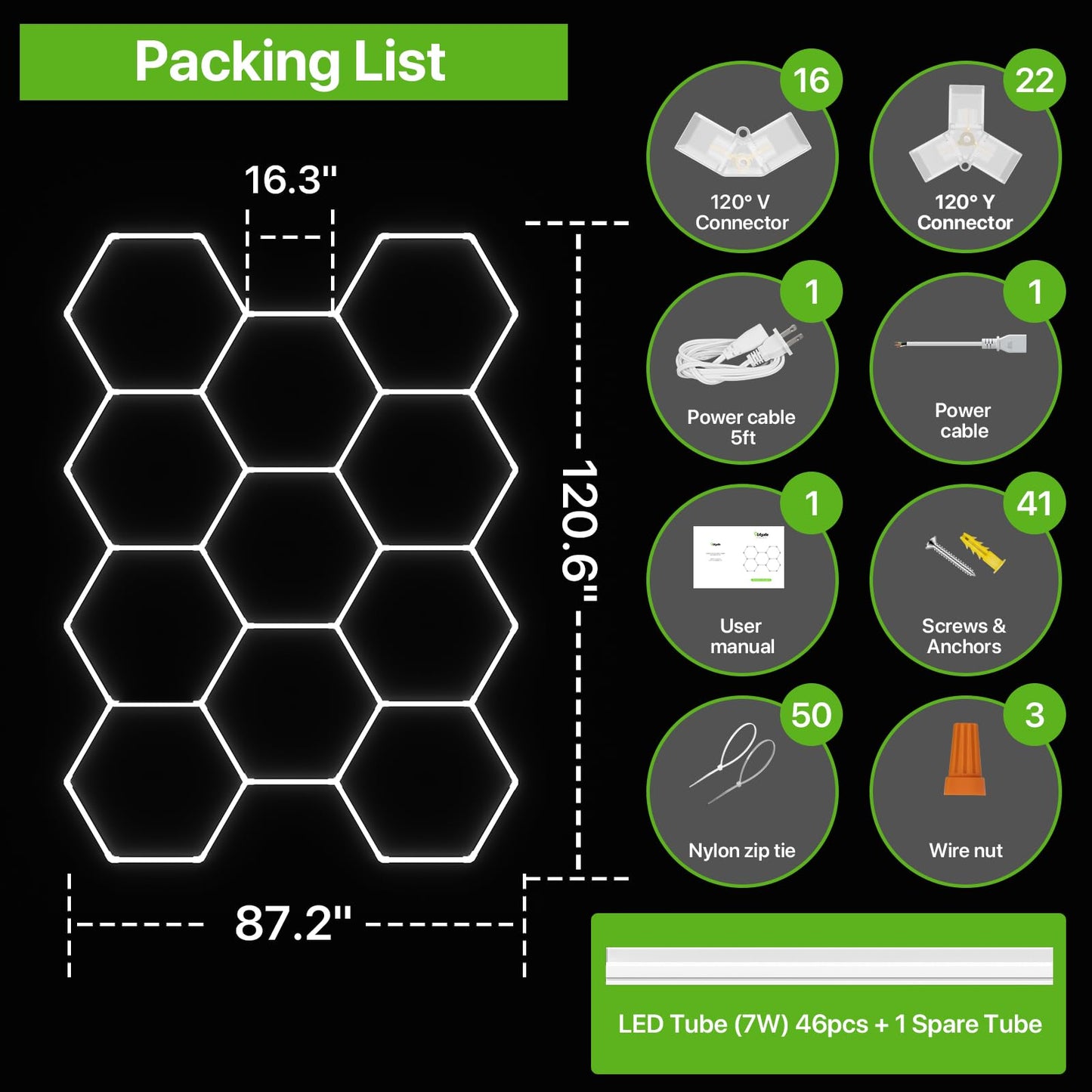 Glitgate Hexagon Garage Lights: 3 Level Dimmable 11 Hex Grid Light Shop Light 322W 35420LM, 6500K Daylight White Honeycomb Ceiling Lighting System, Super Bright Garage Lights LED for Workshop