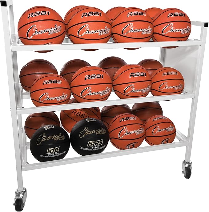 Champion Sports Deluxe Heavy Duty Basketball Storage Cart with Locking Swivel Caster Wheels (Black)