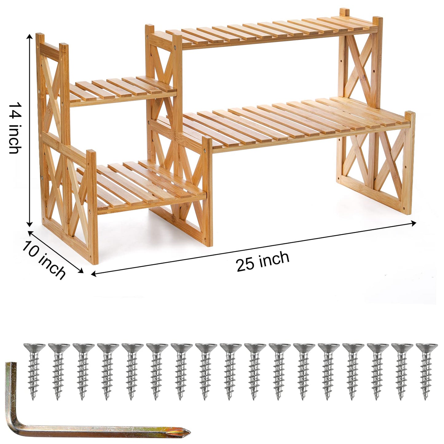 Lawei 2 Tier Bamboo Tabletop Plant Stand, Adjustable Flower Pot Holder Shelf Planter Display Stand, Small Desktop Ladder Plant Rack for Indoor Outdoor Home Patio Lawn Garden Balcony Organizer