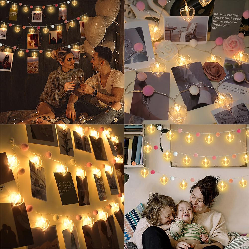 9.85Ft Photo Clip String Lights with 20 Cute Pompoms 20 LED Clear Heart Clips Fairy Lights for Hanging Pictures Photo Lights with Timer Ideal Gifts for Dorm Bedroom Wall Party Wedding Home Decorations