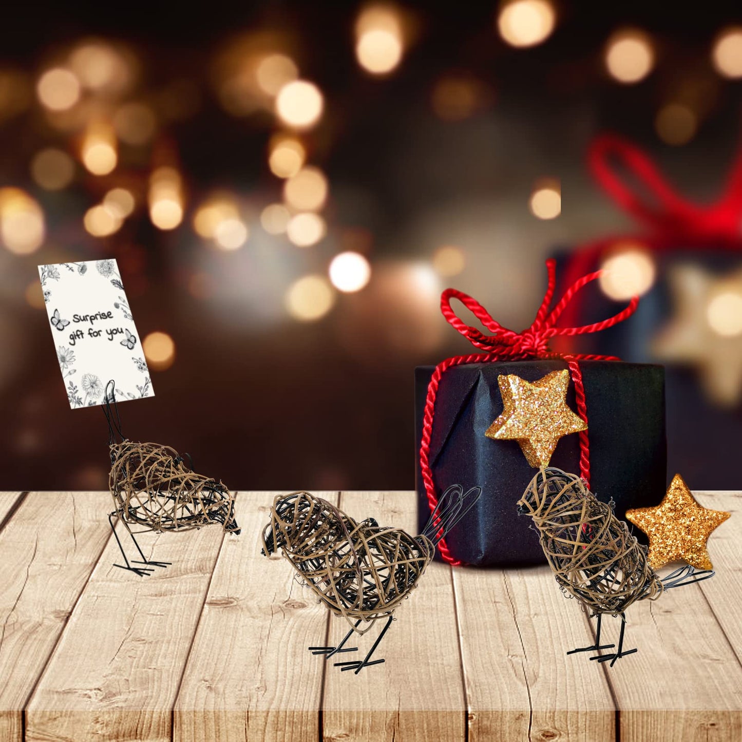 ZZZ TYLOO 3PCS Bird Statue Farmhouse Decor Set - Christmas Ornament - Handwoven Natural Rattan Bird Figurines Table Decor, Multi-Pose Shelf & Mantel Accents