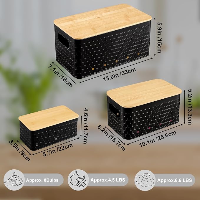 Kitchen Vegetable Storage Set of 3, Metal Onion Garlic Potato Storage Set, Kitchen Canisters Vegetable Keeper Containers with Aerating Holes and Bamboo Lid,Embossed Black