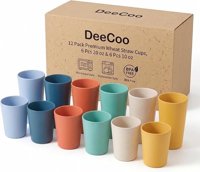 12 Pack Premium Wheat Straw Cups, 6 Pcs 20 oz & 6 Pcs 10 oz Unbreakable Drinking Cups, Alternative to Plastic Cups Sets, Reusable Water Glasses Tumbler, Microwave & Dishwasher Safe, Bpa Free, 6 Colors