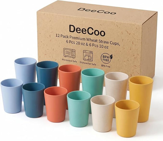 12 Pack Premium Wheat Straw Cups, 6 Pcs 20 oz & 6 Pcs 10 oz Unbreakable Drinking Cups, Alternative to Plastic Cups Sets, Reusable Water Glasses Tumbler, Microwave & Dishwasher Safe, Bpa Free, 6 Colors