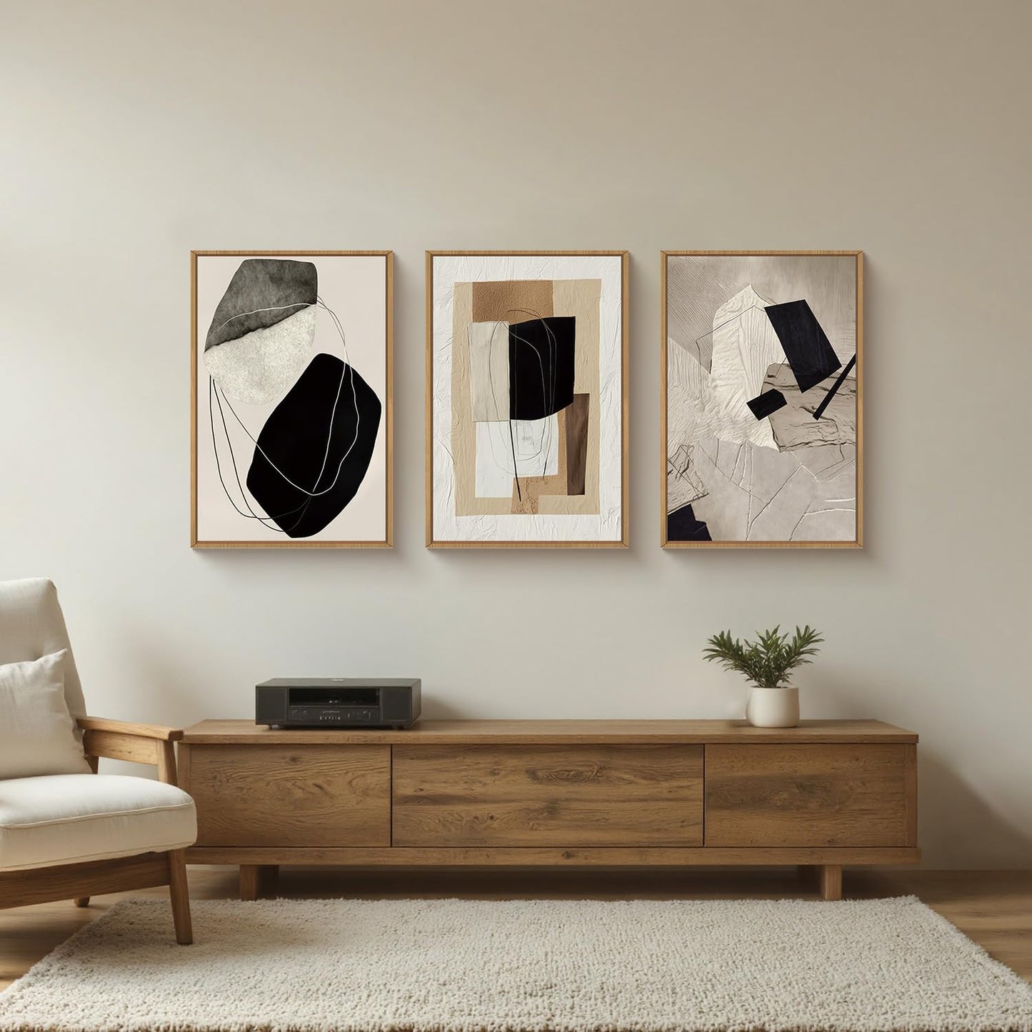 DRACIT Abstract Modern Geometric Framed Canvas Wall Art Set,Neutral Tone Beige Black Brown Wall Decor,Minimalist Textured Line Shape Artwork for Living Room, Bedroom,Farmhouse-24 x36 x3