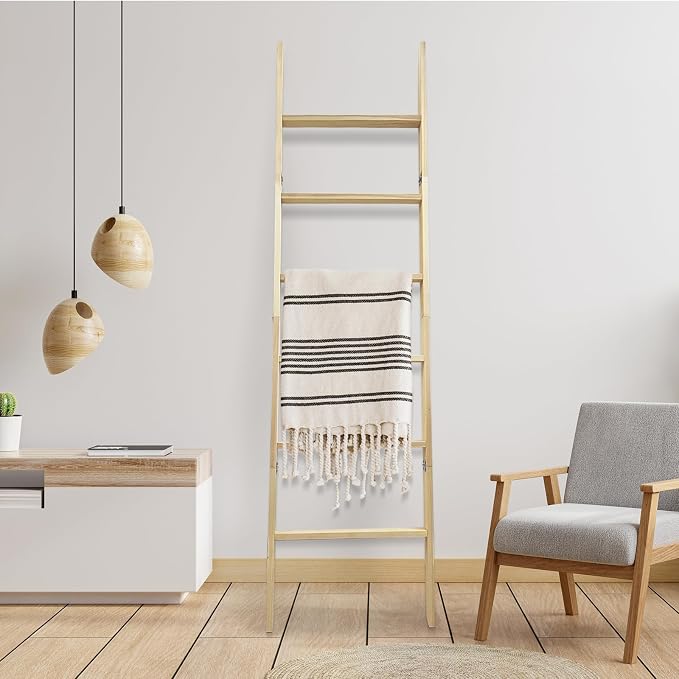6-Tier Blanket Ladder – 5.5 Ft Wall Leaning Quilt Rack, Farmhouse Blanket Storage for Living Room, Bedroom & Bathroom – Rustic Decorative Wooden Towel & Quilt Holder, Easy to Assemble