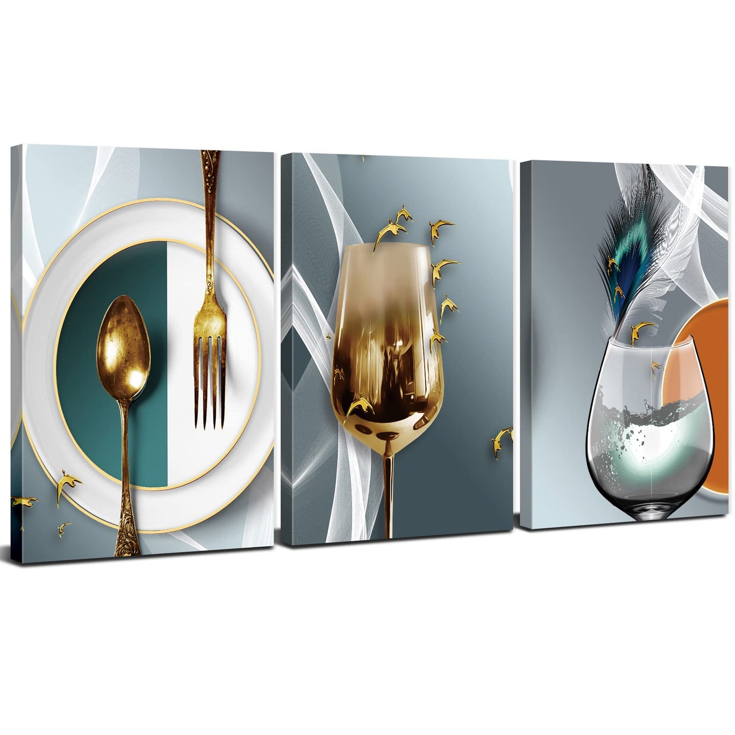 Dining Room Wall Art Set of 3 Teal Gold Wine Glass Wall Art Modern Abstract Wine Pictures Wall Decor Kitchen Tableware Canvas Wall Art Gray Gold Dining Room Wall Decor Kitchen Home Decoration 12x16"