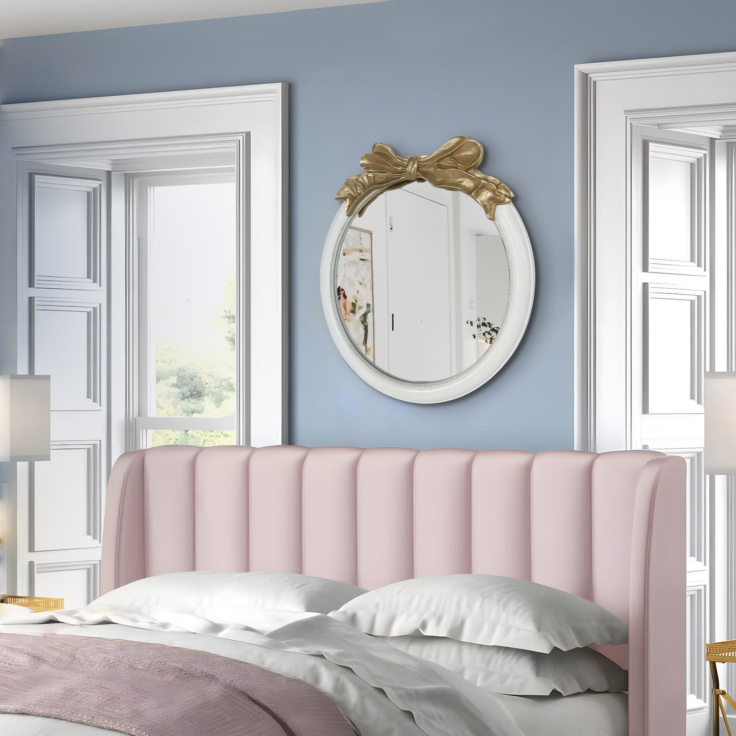 inoseen Antique Bow Round 26x26 inch Wall Mirror, White and Gold Bow Frame Circle Mirror for Wall Decor for Bathroom Sink, Living Room, Hallway & Bedroom