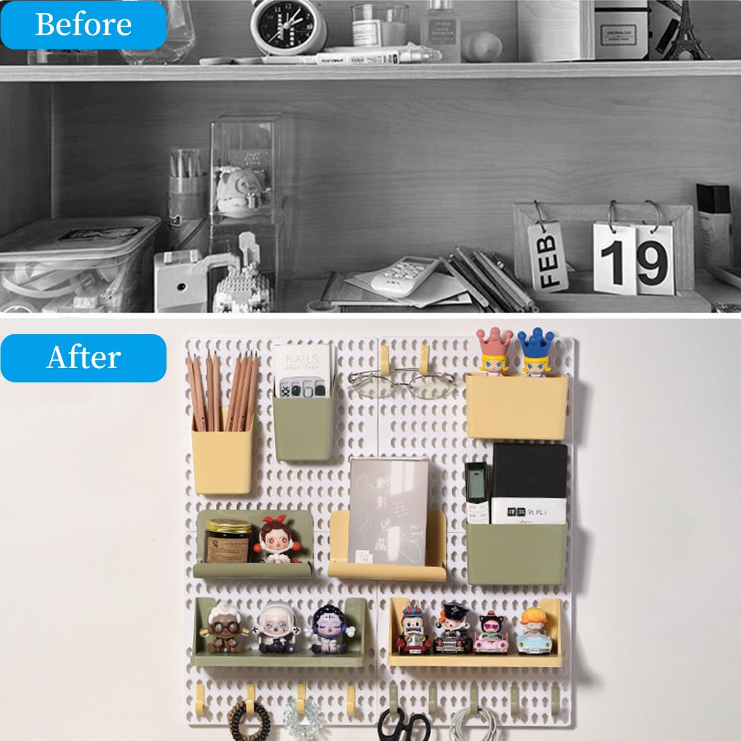 Halyuhn Pegboard Wall Organizer Combination Kit, Wall Organizer with 4 Pegboards and 20 Accessories Hanging, Wall Mounted Peg Board Display Panels for Home and Office - 19.5” x 9.5” (White and Black)