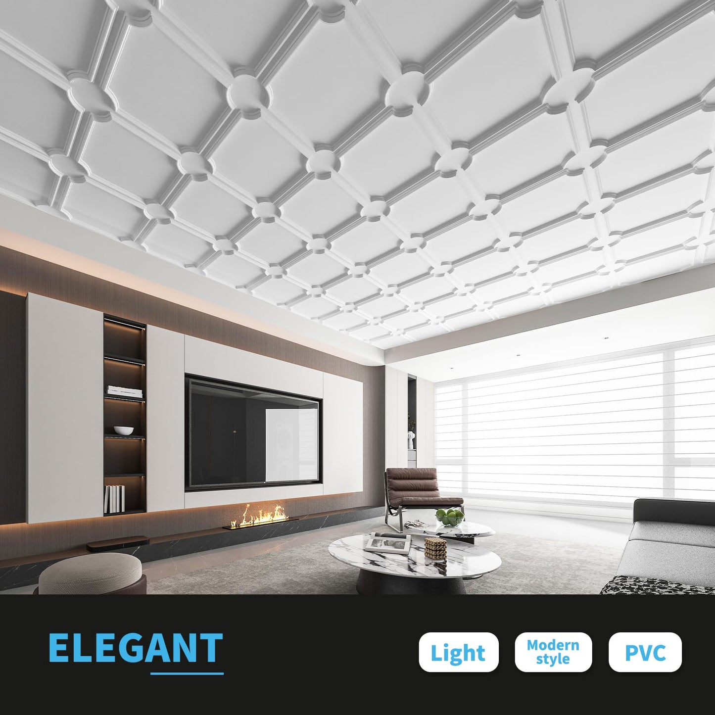 Art3d 2x2 Ft Drop Down PVC Ceiling Tiles, 3D Textured Glue up Ceiling Panel for Office Living Room Home Decor - 12-Pack Covers 48 Sq.Ft, White