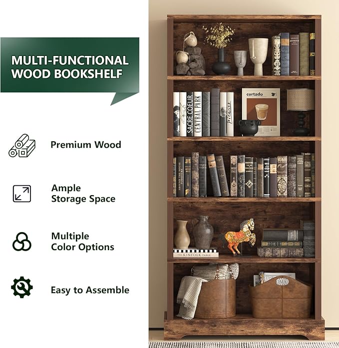 TVU 5-Tier Wooden Bookshelf, 65" Tall Farmhouse Style Open Bookcase, 31.5" W Standing Book Shelf with Storage, Suitable for Study, Living Room, Office, Rustic Brown