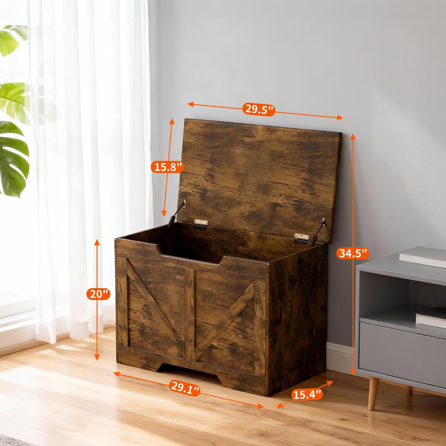 FDW 29.5 Inches Storage Bench, Retro Wooden Storage Benches with Safety Hinge, Entryway Storage Bench Supports 300 lb, Toy Chest Organizer, Easy Assembly for Entryway, Living Room, Brown