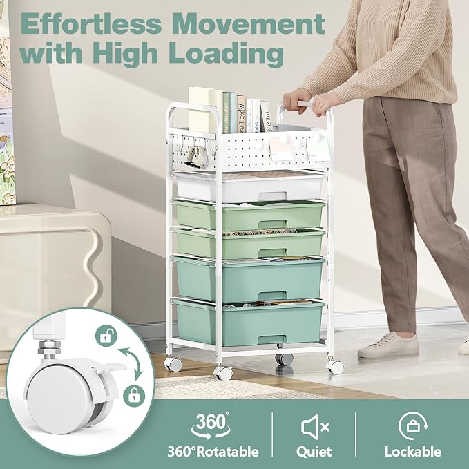 5 Drawer Rolling Storage Cart with Pegboard Top and Hooks, Mobile Organizer Cart with Wheels for Office Supplies, Craft Storage, Classroom Organization, Home Utility Cart, Gradient Green