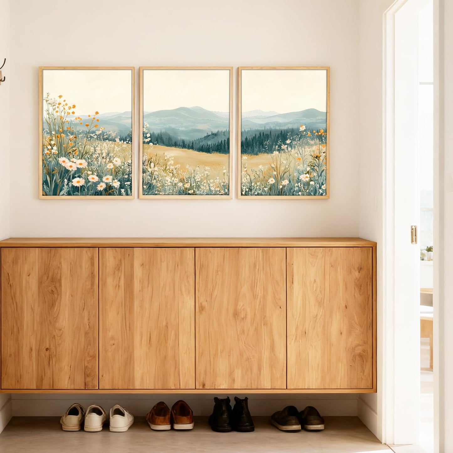 3 Pcs Framed Mountain Wildflower Wall Art Triptych Natural Landscape Canvas Prints Large Farmhouse Daisy Poster Botanical Picture Painting for Living Room Bedroom Decor 12x16IN