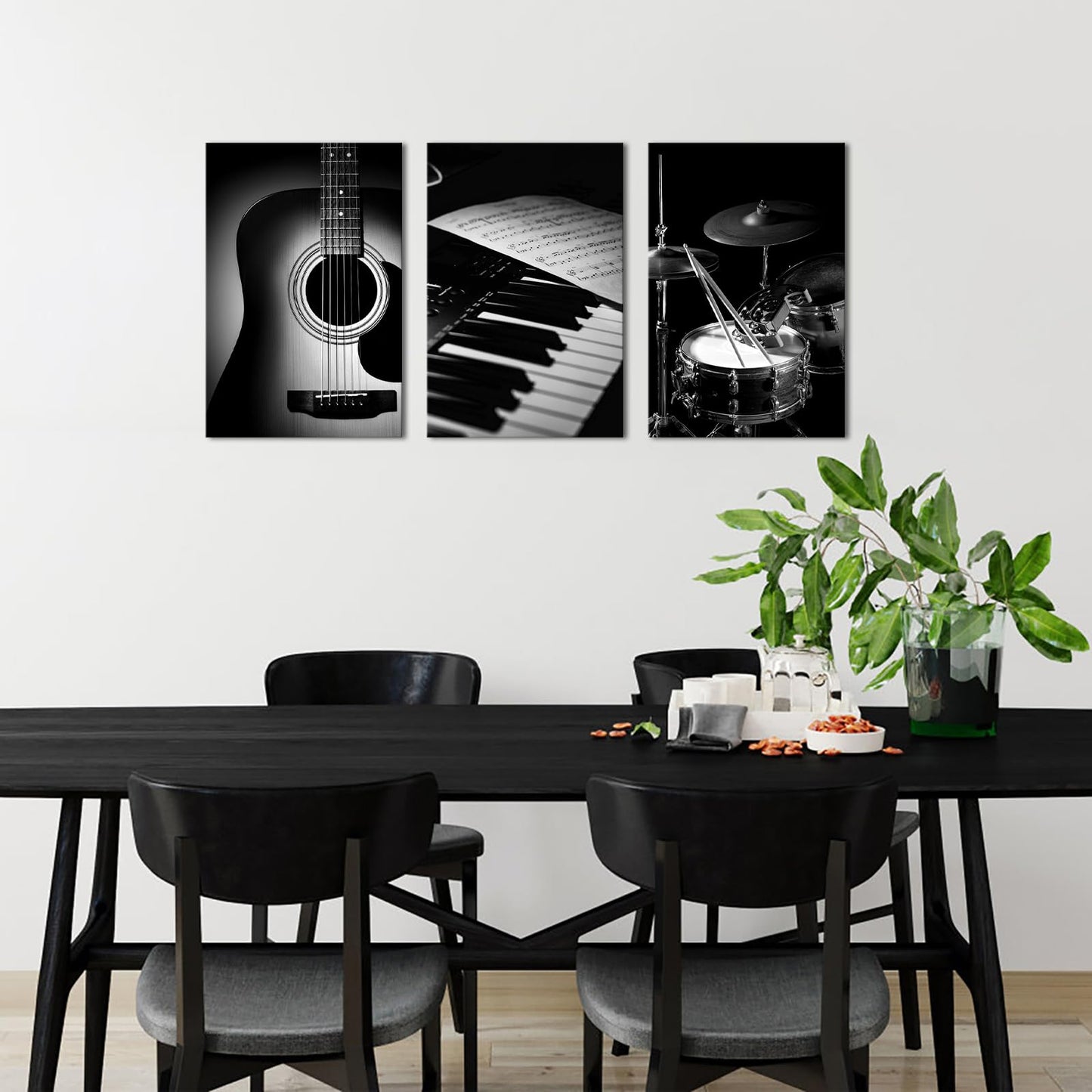 PoGoXiPoYo 3 Pieces Black and White Music Wall Art Canvas Prints Piano Guitar Drum Set Musical Instrument Pictures Rock Band Artwork Music Wall Decor for Studio Bedroom Home 16x24inchx3