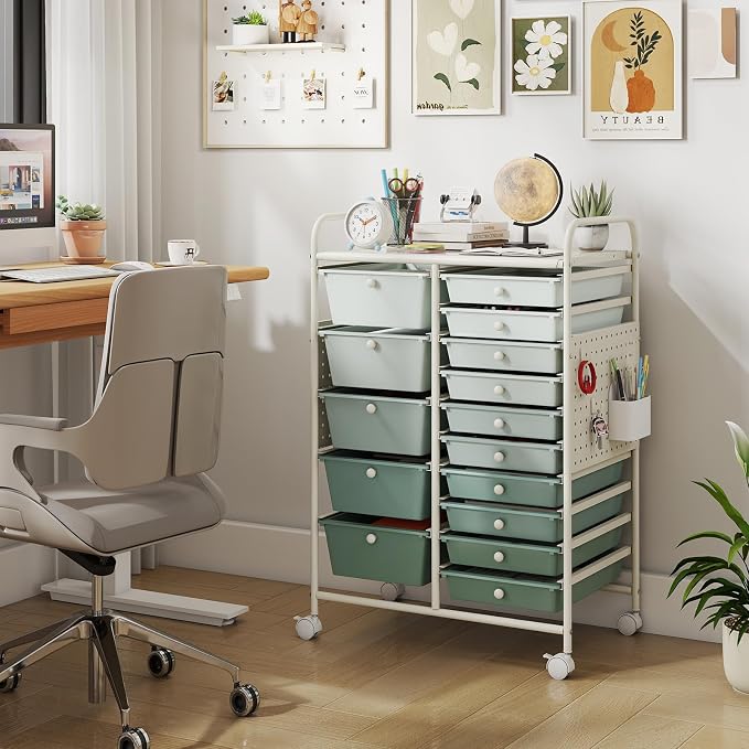 Giantex 15 Drawer Storage Cart, Rolling Craft Cart with Metal Tabletop & Pegboard, Mobile Utility Organizer Trolley with Locking Wheels, Home Office, Green Gradient