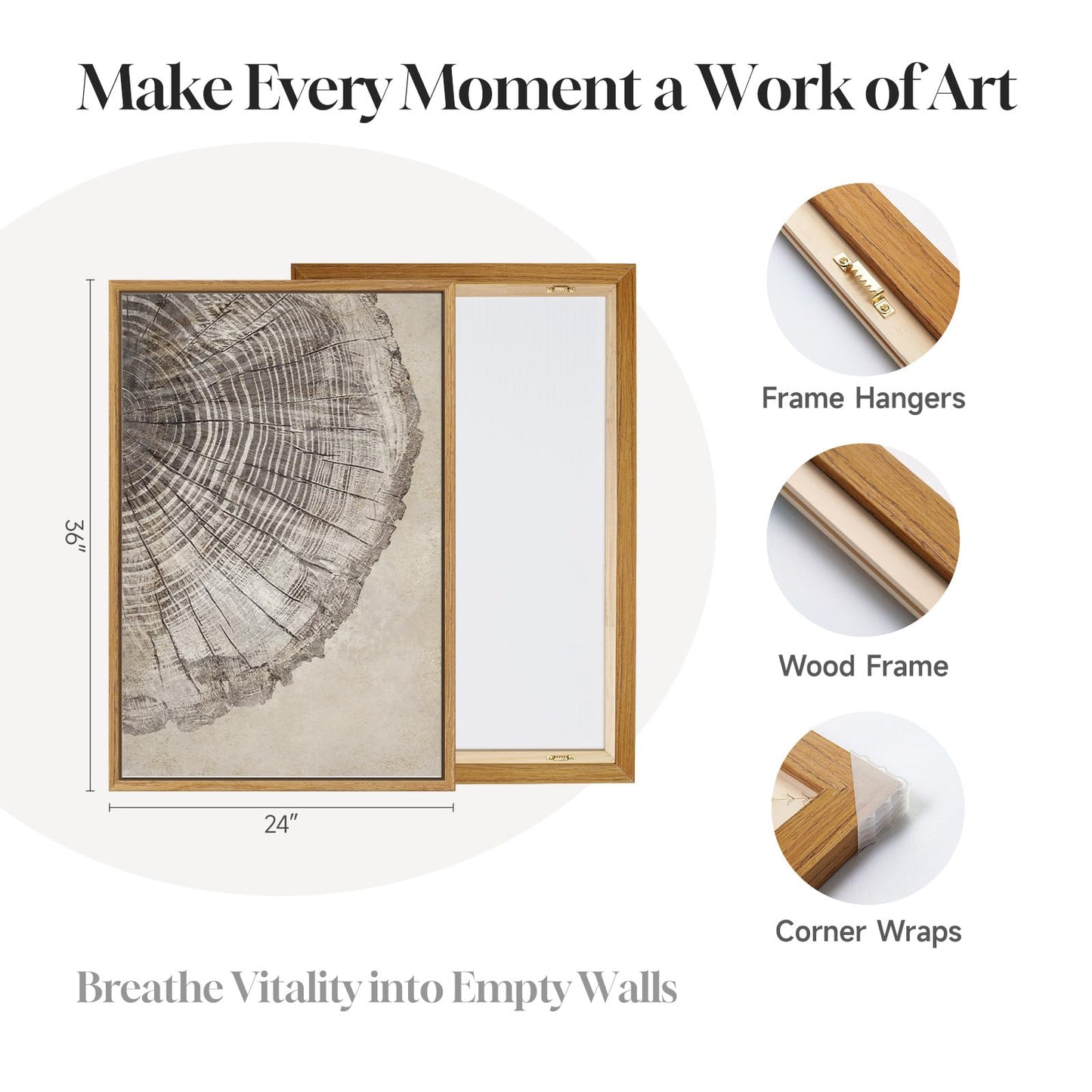2 Piece Framed Neutral Tree Rings Wall Art for Living Room, Large Modern Wood Grain Canvas Prints Paintings, Farmhouse Nature Wabi Sabi Artwork Decor for Bedroom Hallway 24x36 Inch