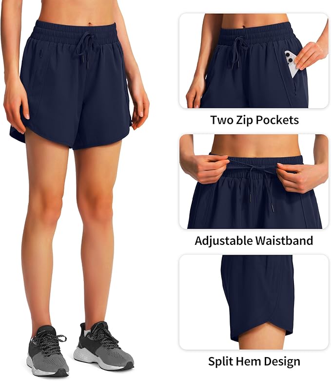 Ksmien Women's 5" Athletic Running Shorts Quick Dry Lightweight Workout Gym Shorts with Zipper Pockets UPF 50+