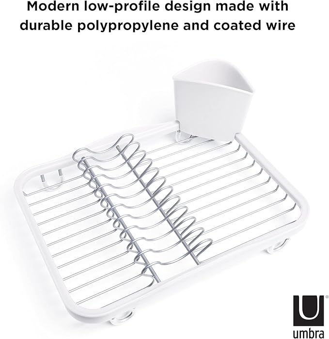 Umbra Sinkin Dish Drying Rack – Drainer Caddy with Removable Cutlery Holder – Use in Sink or On Counter, Standard, White/Nickel
