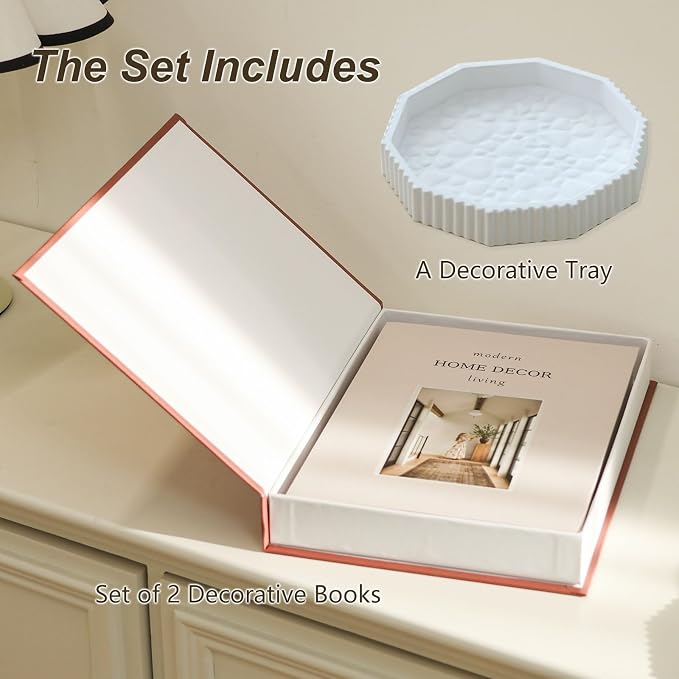 Decorative Plaster Tray & Book Decor Set - Scalloped Tray & Decorative Books Box Enhance Coffee Table or Bookshelf Decor - Modern Home Decoration for Living or Dining Room & as Housewarming Gift