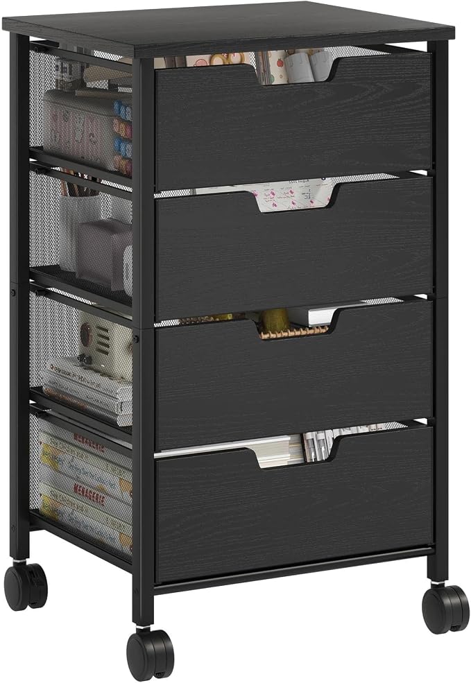 Rolling Cart with Drawers, Wooden Top and Front, with Wheels Metal Under Desk Storage Cart with 4 Drawers, for Office, Bedroom, Classroom, Home, Black