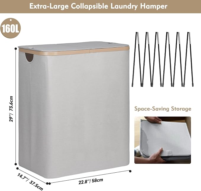 DOKEHOM 160L Extra Large Laundry Hamper with Lid, 2-Section Double Laundry Basket with Removable Mesh Liner Bags, Collapsible Clothes Sorter for Family, Bedroom, Laundry Room, Light Grey