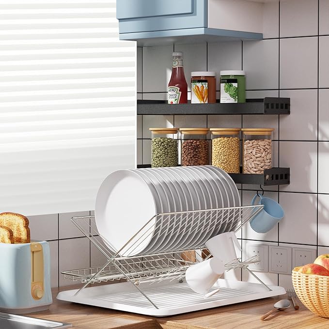 Collapsible Cup Drying Rack, Space Saving Foldable Stainless Steel(304) Mug Holder for Kitchen Counter,Compact 5-Glass Cup Rack Metal 3-Tier Large Capacity