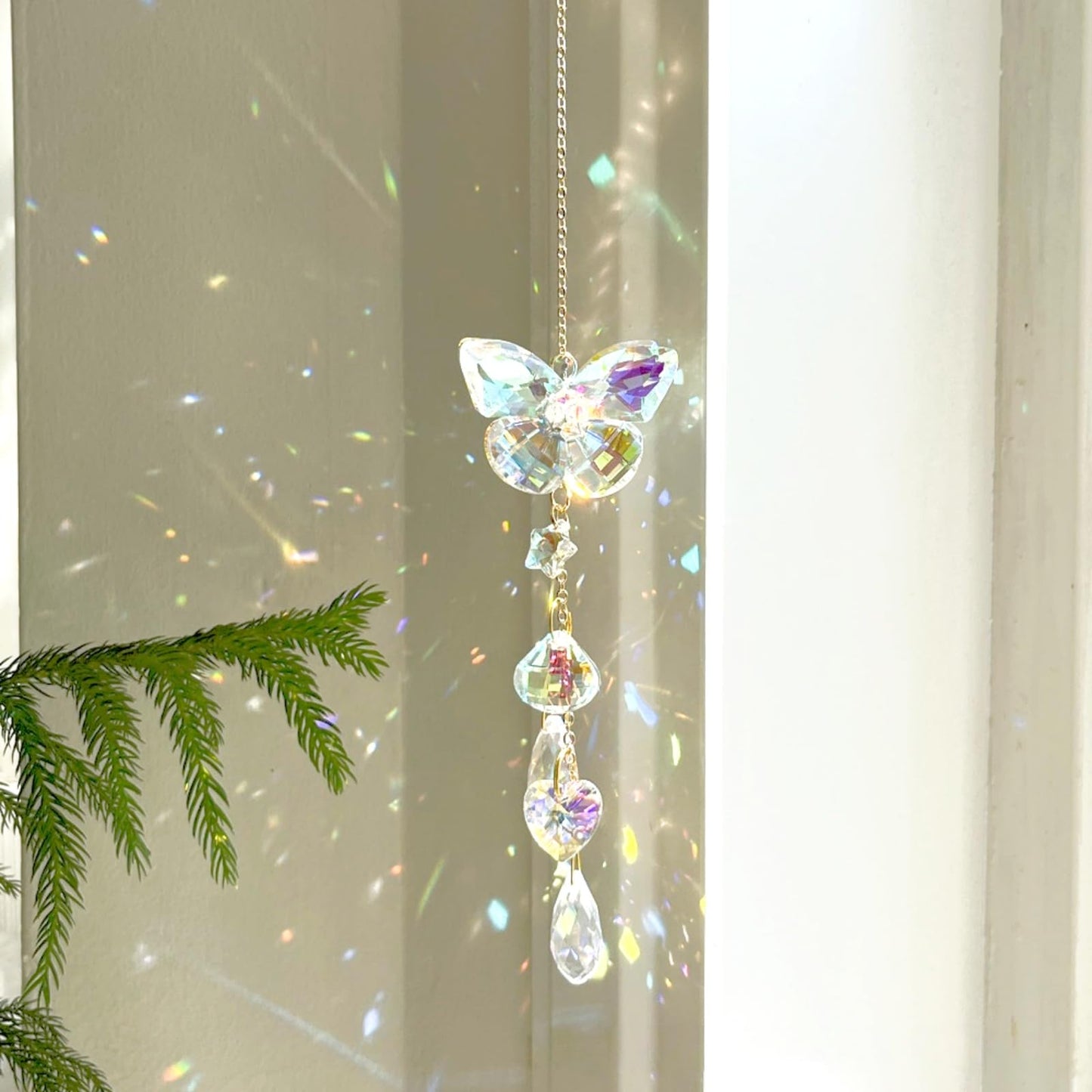 Butterfly Sun Catcher Crystals Hanging - Rainbow Maker with Prism Star & Heart Pendants | 12in Chain Window Ornament for Windows, Gardens,Bedroom, Living Room