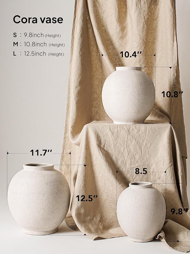White Ceramic Vase - Large 10.8 Inch Round Floor Vase for Centerpieces, Farmhouse Flower Vases, Rustic Minimalist Home Decor (Sandstone White)