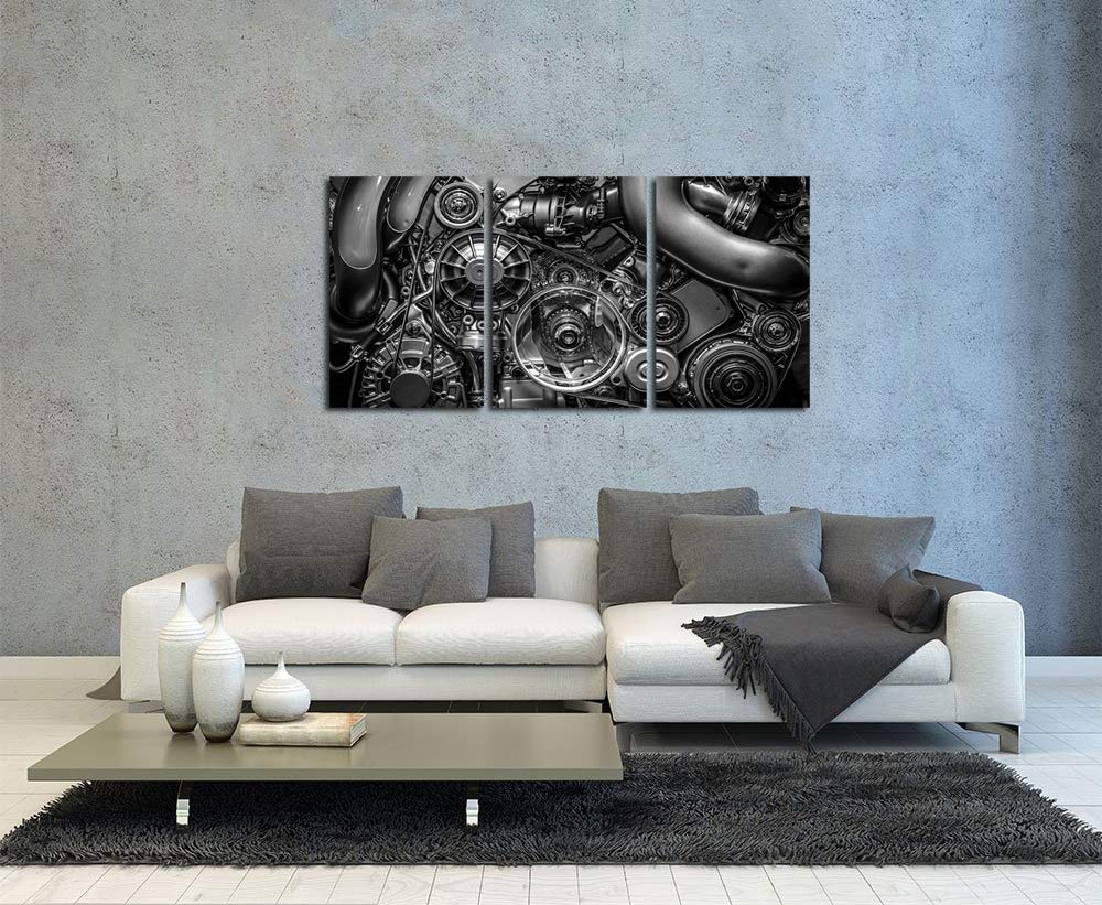 HOMEOART Engine Wall Art Closeup Gear and Chain Black and White Picture Canvas Print Gallery Wrapped Man Cave Wall Decor 24"x48" (3 Panels)