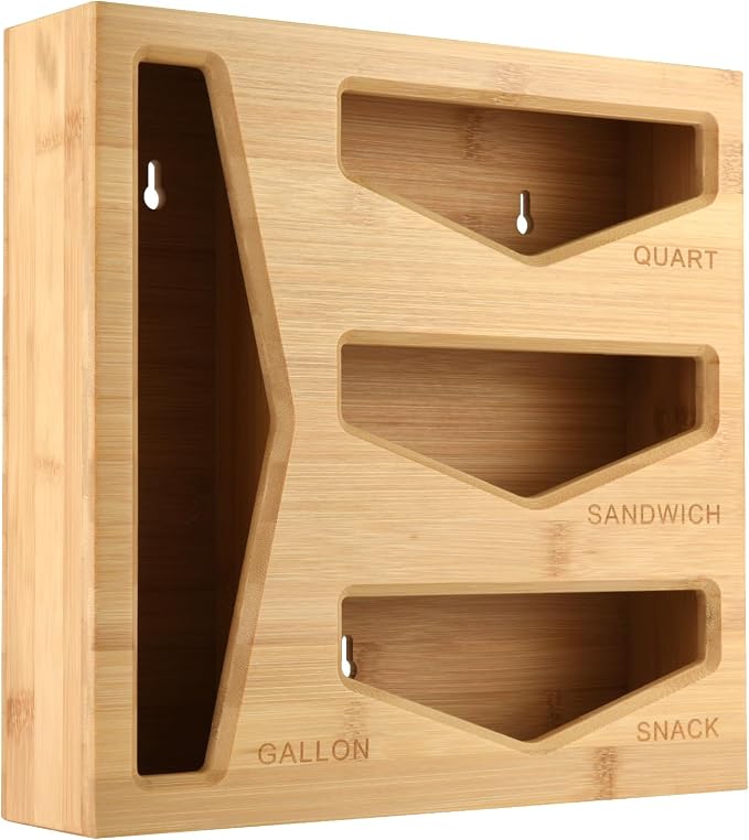 Bamboo Bag Storage Organizer for Kitchen Drawer, Baggie organizer, Compatible with Gallon, Quart, Sandwich and Snack Variety Size Bags (Natural Bamboo)