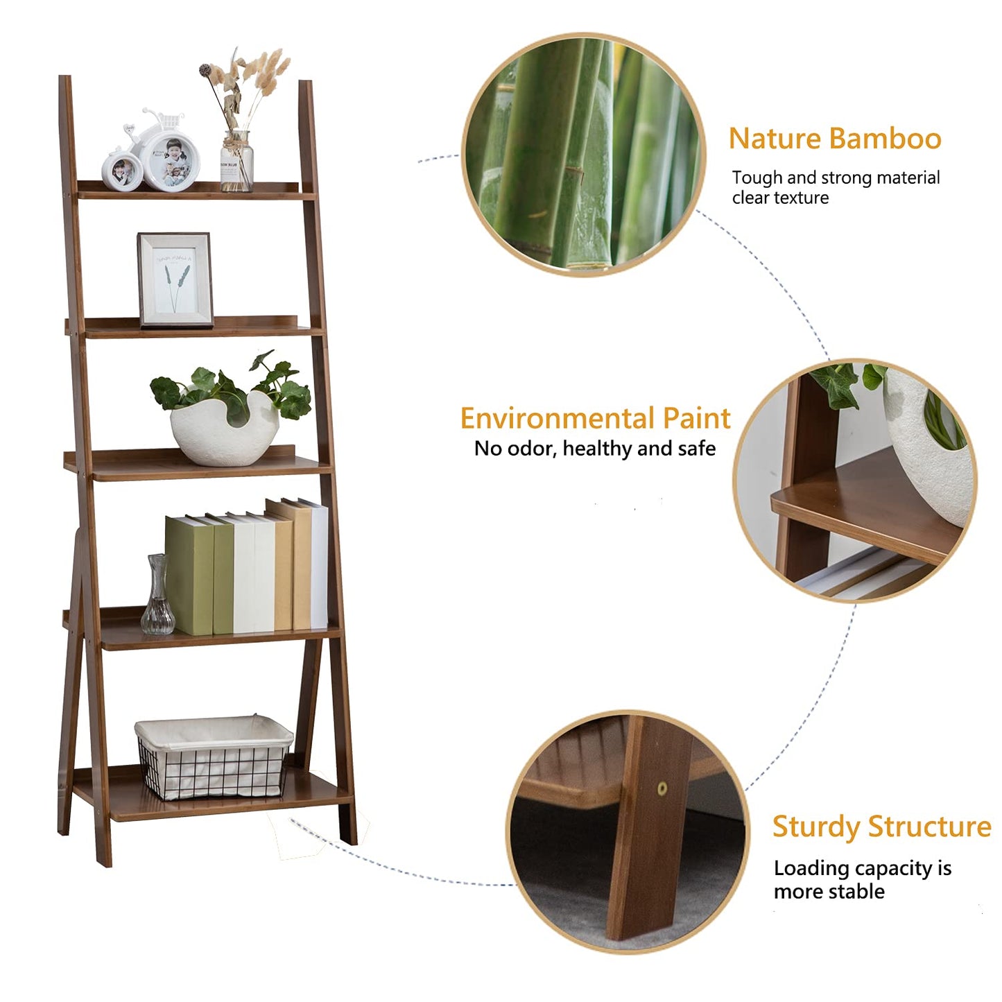 SOBIBO Ladder Shelf Bookshelf, 5-Tier Leaning Shelf, Free Standing Organizer Storage Shelves, Storage Rack Shelf for Office, Living Room, Nature